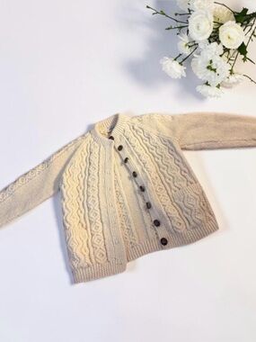 Vintage Blarney HAND KNIT Cardigan Sweater Ivory 100% Wool Aran Women’s Small